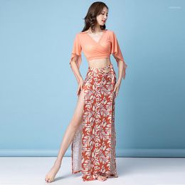 Stage Wear Sexy V Neck Floral Outfit Elegant Belly Dance Class Clothes Flare Sleeves Side Slit 2 Pieces Costume Set Top And Long Skirt