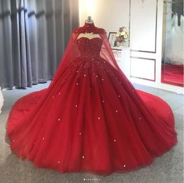 Red Luxury Princess Arabic A-line Wedding Dresses with Long Cape Crystal Beaded Lace-up Corset Chapel Train Bridal Gown robe de mariee