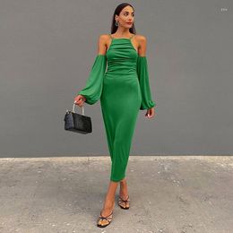 Casual Dresses 2023 Backless Sexy Women Off Shoulder Green Spring Autumn Puff Long Sleeve Midi Dress Party Fashion