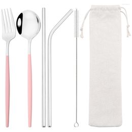 Dinnerware Sets 6Pcs Travel Cutlery Set Fork Spoon Straw Stainless Steel Tableware With Brush Storage Bag Kitchen BBQ Flatware