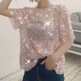 Women's T-Shirt spring and summer Flavour loose sequin stitching mesh glistening T-shirt top short-sleeved bottoming shirt women 230317