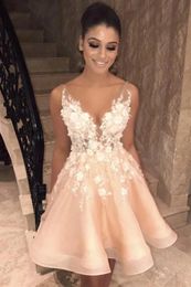 Party Dresses Peach Pink Short Homecoming V Neck Backless Mini Appliques 3D Floral Cocktail Prom Gowns For Sweet 16 GirlsParty