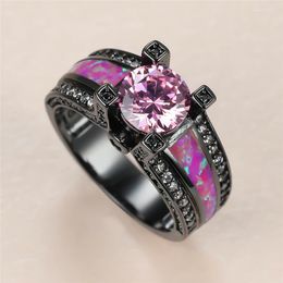 Wedding Rings Hip Hop Female Pink Round Crystal Ring Charm 14KT Black Gold For Women Luxury Bride Opal Big Engagement