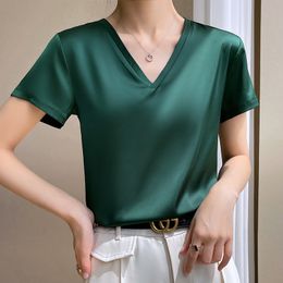 Women's T-Shirt Summer Basic Solid Women's T-Shirts V-Neck Short Sleeve Tees Tops Satin Silk Elegant Thin Shirts for Female Green Vintage 230317