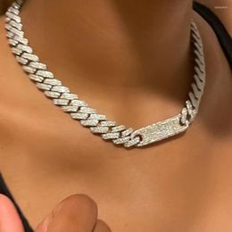 Chains Micro Paved Rhinestone Miami Cuban Link Necklace For Women Gold Silver Colour Curb Chunky Choker Necklaces Rock Jewellery