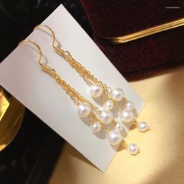 Dangle Earrings No Tarnish Gold Plated Round Natural White Genuine Pearl Dangling Long Chandlier Earring Trendy