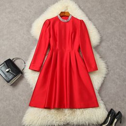 Spring Short Sleeve Dress Stand Collar Black / Red Solid Colour Beading Beaded Rhinestone Knee-Length Elegant Casual Dresses 22G112034