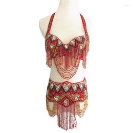 Stage Wear 2023 Oriental Women Belly Dance Clothes Eastern Style Beaded Top And Belt 2pcs Set Costumes For Bra