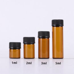 Wholesale Amber Glass Mini Bottles 1ml 2ml 3ml 5ml Small Glass Vials For Sample Essential Oil With Black Screw Cap
