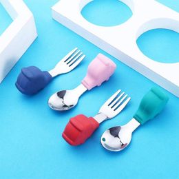 Dinnerware Sets Baby Children Feeding Spoon Fork Set Cartoon Carrot Design Stainless Steel Learn Eating Kids Utensil