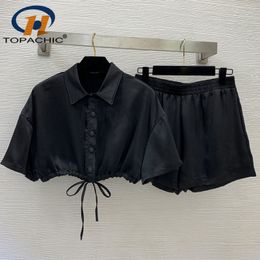 Womens Two Piece Pants 67 High End Triangle Drawstring Covered Button Blouse Elastic Waist Wide Leg Shorts Fashion Casual 2 Set Women 230317