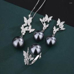 Necklace Earrings Set Q2023 Design Baroque Black Freshwater Pearl For Women Luxury Silver Colour Butterfly Wedding Banquet Gift