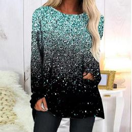 Women's T Shirts Spring Crew Neck Office Ladies Blouse Women Fashion Bronzing Dot Print Shiny Top Autumn Long Sleeve Pocket Pullover Mujer