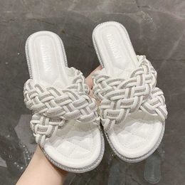 Slippers Women Cross Braided Slippers Open Toe Design Crystal Bottom Beach Comfortable Round Head Flat Sandals Summer Casual Ytmtloy 6 Z0317