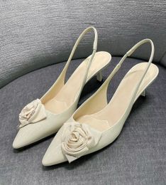 SS23 Flower Sandals Shoes Pointed Toe Mid Sculpted Heel Black Nude Black Slingback Wedding,Party,Dress,Evening Luxury Designers Factory Footwear