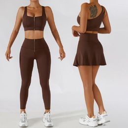 Work Dresses 1/2PCS Yoga Set Women Workout Sport Gym Wear Suit High Waist Leggings Skirt Front Zipper Bra Fitness Top Sportswear