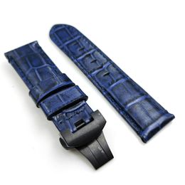 24mm Blue Crocodile Grain Calf Leather Band 22mm Folding Deployment Clasp Strap Fit For PAM PAM111 Watch