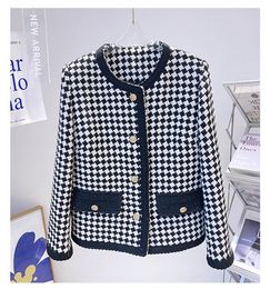 Spring Round Neck Tweed Panelled Jacket Black Plaid Long Sleeve Single-Breasted Contrast Trim Jackets Coat Short Outwear 22G186303