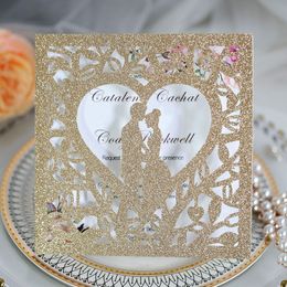 Greeting Cards 50Pcs Laser Cut Glitter Cover Card Bride And Groom Cards Lover Heart Wedding Invitation Card Supplier Party Decoration Favor 230317