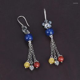 Dangle Earrings 925 Sterling Silver Flower Tassel Long Women Retro Ethnic Lapis Lazuli Beeswax Agate Beads Lotus Drop EH173