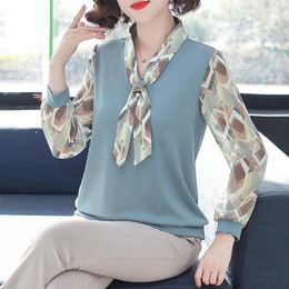 Women's Blouses Korean Fashion Women Splice Long Sleeve Bow Shirt Clothing Spring Autumn Big Size V-Neck Pullover Loose Casual Chic Blouse