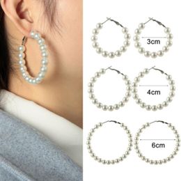 Hoop Earrings & Huggie Women Elegant White Pearls Round Girl Birthday Party Big Pearl Circle Wedding Fashion JewelryHoop