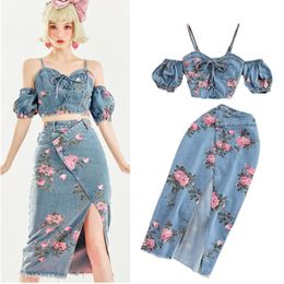 Two Piece Dress Lolita Summer Women Slash Neck Denim Floral Print Off Shoulder Sexy Slim Crop Tops And Cut Party Ladies Skirts Suits NS360Tw