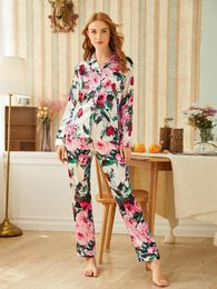 Women's Sleepwear Women's Classic Notch Collar Set Print Autumn Winter Long Sleeve Pants Ladies Pajamas Suit Leisure Homewear