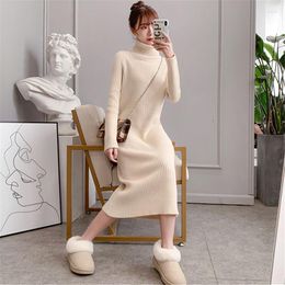 Casual Dresses Knitted Dress Straight Turtleneck Autumn/Winter Clothes Women Korea Fashion Robe Femme Loose Long Sweater Ladies