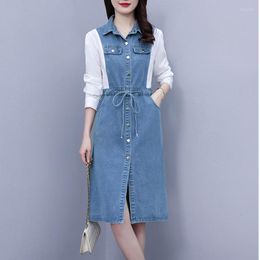 Casual Dresses Women Long Sleeve Patchwork Shirt Dress Korean Fashion Single Breasted Mini Denim Lady Elegant Jeans Vestidos