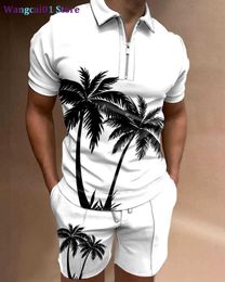 wangcai01 Men's Tracksuits Men's Tracksuit 2 Piece Set Summer Map af Print 3D Short Seve Zipper Polo T Shirt Shorts Sportswear Casual Man Clothing 0318H23