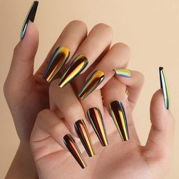 False Nails 24Pcs Mirror Aurora Laser Long T Shape French Fake Nail Tips Solid Colour Full Cover Press On Finished Fingernail