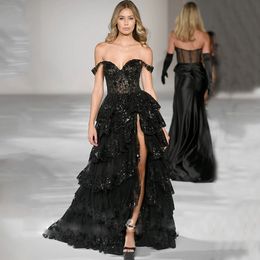 Shoulder Off the Tiered Prom Dresses Ruffles with Lace Appliques Sequin Ball Gown for Special Ocn Wear