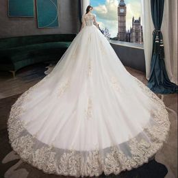 Arabic Ball Dress For Bride Wed Dresses Sheer Jewel Neck Long Lace Appliques 3D Flowers Crysral Beaded Sequined Plus Size Court Train Tulle Bridal Gown 403