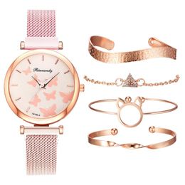 Wristwatches Ladies Watches Set Minimalist Casual Fashion Butterfly Dial Women Wristwatch Alloy Mesh Belt Magnet Clasp Watch Bracelet SuitWr