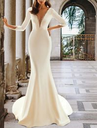 Elegant Mermaid Wedding Dress 2023 Sheer Long Sleeve V Neck Satin Crystals Beading Backless Bridal Gowns Robe De Mariee Women Custom Made