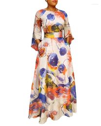 Ethnic Clothing African Dresses For Women Autumn Elegent Long Sleeve O-neck Polyester Dress Print Maxi
