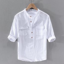 Men's Casual Shirts Designer Cotton And Linen Half-sleeved Stand Collar White Shirt Men Fashion Solid For Camisas De Hombre