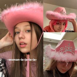 Berets Pink Tiara Cowgirl Hat For Women Girls Wide Brim Fedora Cowboy Caps Western Style Holiday Party Feather Sequin Female