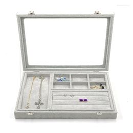 Jewellery Pouches Grey Box Organiser With Glass Cover European Large Space Velvet Jewellery Carrying Tray Holder Storage Gift Display Case