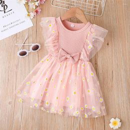 Girl Dresses Summer Baby Princess Dress Toddler Kids Daisy Print Short Sleeve Mesh Lace Patchwork A-Line White Pink Party 2023