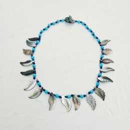 Choker Lii Ji Blue Gray Necklace 55cm Turquoise Mother Of Pearl Shell Leaf Women Stock Sale Jewelry