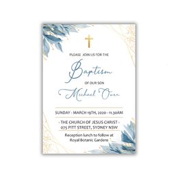 Greeting Cards Personalised baptism Card Blue Gold Baptism Invitation Christening Baptism Invite Cards 230317
