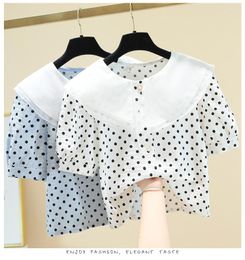 Women's Blouses Polka Dot Shirt Women Double Doll Collar Printed Short Blouse Girl Lady's All-Match Crop Top Students Blusas 2023 Summer