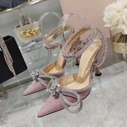 Factory wholesale European and American sandals 2023 fashion new bow diamond pointed sequins women's shoes binding thin heels high heels party wedding dress package