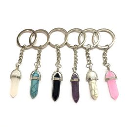 Keychains Lanyards Natural Crystal Stone Keychain Hexagonal Column Gemstone Key Chain Luggage Decoration Accessories