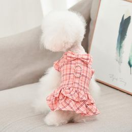 Dog Apparel Pet Pure Cotton Dresses Pink Khaki Lattice Korean Skirts With Leash For Small Puppy Fashion Clothes Yorkshire Clothing