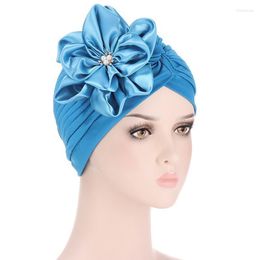 Beanies Beanie/Skull Caps Fashion Women Satin Flower Turban Cap Soild Colour Muslim Headscarf Bonnet Inner Hijabs Arab Head Wraps Pleated