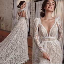 2023 Bohemian Lace Wedding Dress With Detachable Long Sleeves Spaghetti Backless Long Beach Bridal Gowns Empire Waist A-Line Boho Bride Dresses Vestido De Novia