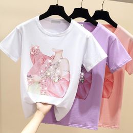 Women's T Shirts 2023 Summer Tees Shirt Women Tshirt Female Cotton Tops T-Shirt Woman Korean Beading Tee Femme Pink White